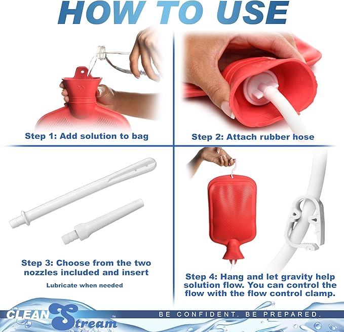 Cleanstream Water Bottle Douche Kit with Enema Tip, Vaginal Tip, 2 Quart Rubber Bottle, 5 Foot Tubing, Shut-Off Clamp, Adapter, Stopper and Hanging Hook for Personal Cleansing