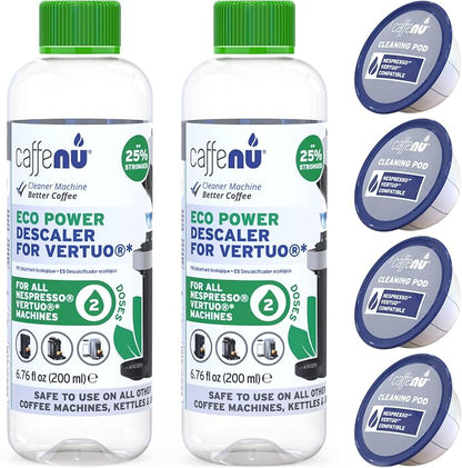 Nespresso Compatible Descaling and Cleaning Kit. 2 Bottles of Nespresso Vertuo Descaler Solution. 4 Cleaning Pods