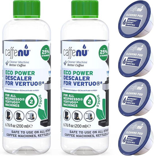 Nespresso Compatible Descaling and Cleaning Kit. 2 Bottles of Nespresso Vertuo Descaler Solution. 4 Cleaning Pods