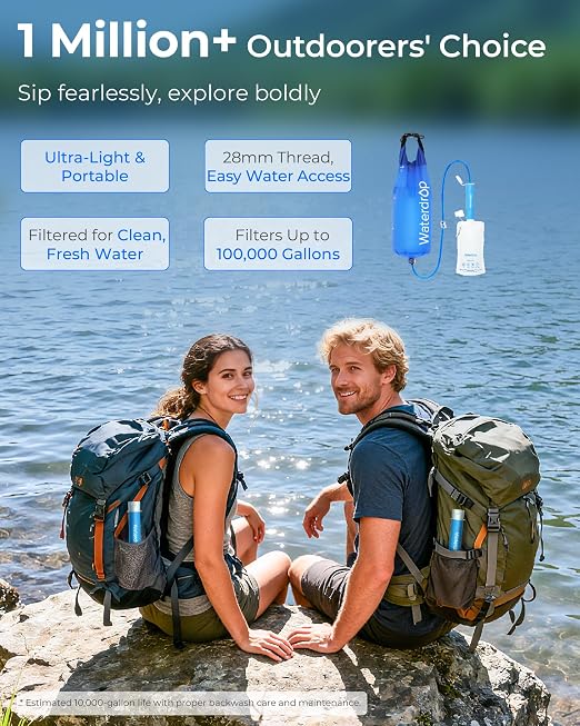 Waterdrop Gravity Water Filter Straw, Camping Water Filter, 0.1 Micron | Survival Water Purifier for Hiking, Backpacking & Emergency Preparedness, Multi-Stage Filter with 1.5 Gallon Bag, 2 Pack