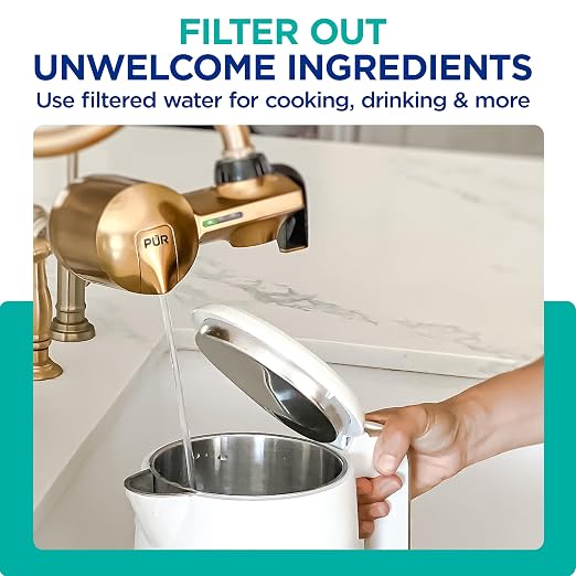 PUR Plus Faucet Mount Water Filtration System with Lead Reducing Mineral Core Faucet Filter, Water Filter that Attaches to Kitchen Sink, Horizontal, Brass, PFM410F