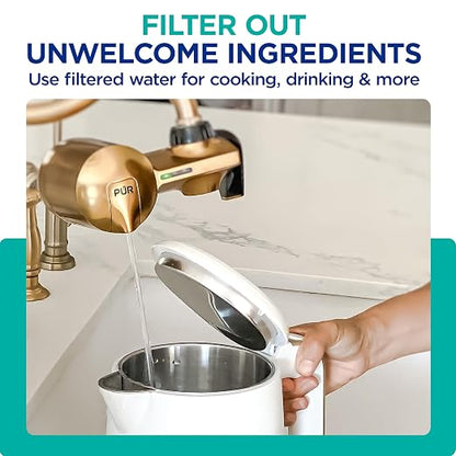 PUR Plus Faucet Mount Water Filtration System with Lead Reducing Mineral Core Faucet Filter, Water Filter that Attaches to Kitchen Sink, Horizontal, Brass, PFM410F