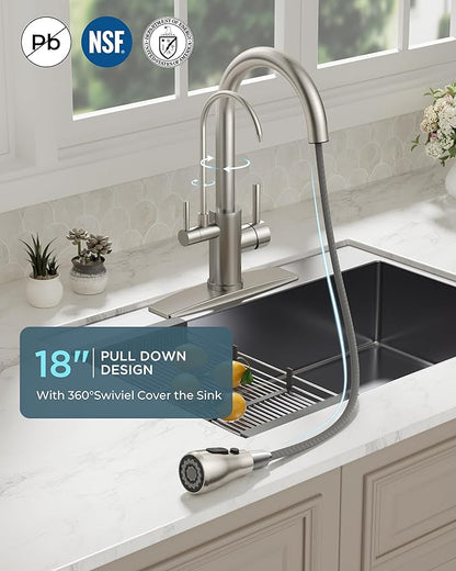 FORIOUS Kitchen Faucets with Water Filter, 2 in 1 Stainless Steel Pull Down Sink Faucet and Purified Water Faucet Rustic High Arc Single Handle with Detachable Deck for 1 or 3 Hole, Brushed Nickel