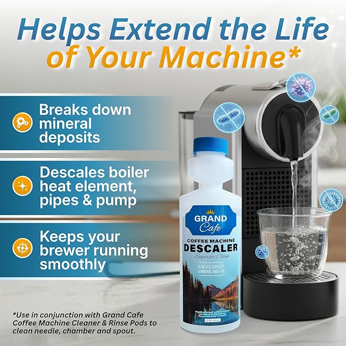 Grand Cafe Universal Descaling Solution - Coffee Maker Descaler and Cleaner for Keurig, Nespresso, DeLonghi & Single-Serve Espresso Machines - Perfect Measure Bottle (20 oz, 5 uses per bottle)