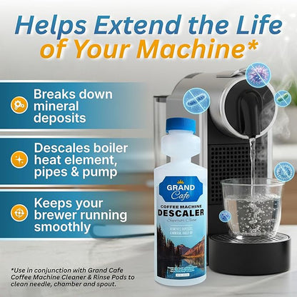 Grand Cafe Universal Descaling Solution - Coffee Maker Descaler and Cleaner for Keurig, Nespresso, DeLonghi & Single-Serve Espresso Machines - Perfect Measure Bottle (20 oz, 5 uses per bottle)