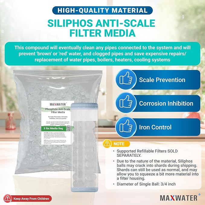 Max Water Siliphos Anti-Scale Filter Media Bag variation (5 LB) compatible with Refillable Phosphate Anti-Scale Water Filters - Good for Scale Prevention, Corrosion Inhibition and Iron Control
