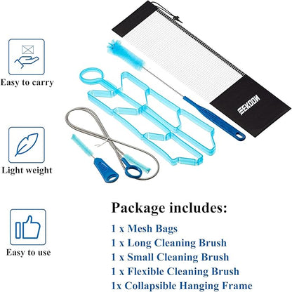 Feekoon Reservoirs Backpack Accessories Hydration Bladder Cleaning Kit with Flexible Long Brush for Hose, Small Bite Valve and Big Brush, Drying Collapsible Bladder Frame, Carrying Pouch