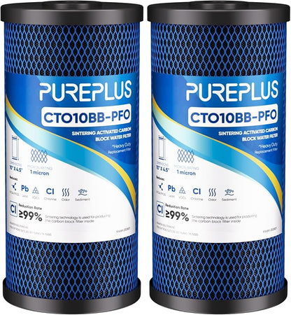 PUREPLUS 1 Micron 10" x 4.5" Whole House PFAS Removal Replacement Water Filter, Coconut Shell Activated Carbon Filter, Compatible with WFHDC8001, GXWH40L, GXWH35F, CB-BB-10, CTO10BB, 2 PACK