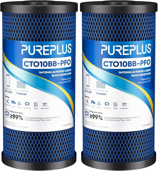 PUREPLUS 1 Micron 10" x 4.5" Whole House PFAS Removal Replacement Water Filter, Coconut Shell Activated Carbon Filter, Compatible with WFHDC8001, GXWH40L, GXWH35F, CB-BB-10, CTO10BB, 2 PACK