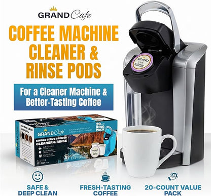 Grand Cafe Keurig Cleaning Pods (20 Pack) - K Cup Cleaner & Rinse Pods for Keurig, Descaler for Coffee Machines, Coffee Maker Descaling Kit, 1.0 & 2.0 Compatible