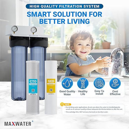 2-Stage Whole House Water Filtration System 20” x 4.5” Clear Housings with Sediment & Carbon Block Filters w/Valve, Pressure monetering gauges, removes Sediment, Chlorine, pesticides, herbicides