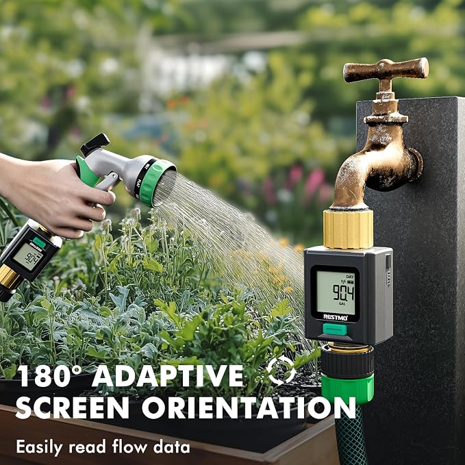 RESTMO Smart Water Flow Meter with Screen Backlight, APP Control | Brass Inlet & Outlet, Measuring Gallon/Liter Consumption & Flow Rate for Garden Watering, RV Filling, Sprinklers & Nozzle