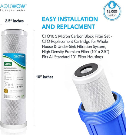 CTO10 5 Micron 2.5" x 10" Carbon Block Water Filter Set – Replacement Cartridges for Whole House and Under Sink Systems, Universal Standard Size (3, 10 x 2.5)