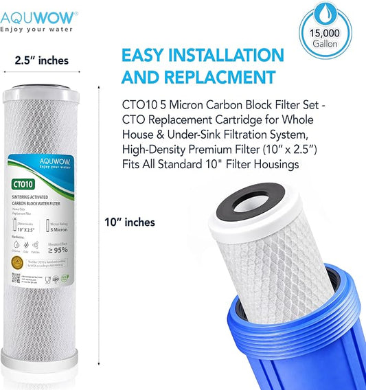 CTO10 5 Micron 2.5" x 10" Carbon Block Water Filter Set – Replacement Cartridges for Whole House and Under Sink Systems, Universal Standard Size (2, 10 x 2.5)