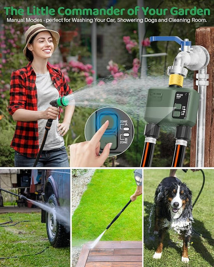 WiFi Water Timer 2 Zone for Garden Hose, Smart Sprinkler Timer with 984ft RF Range, Brass Water Inlet, APP/Voice Control, Rain Delay, Automatic/Manual Irrigation