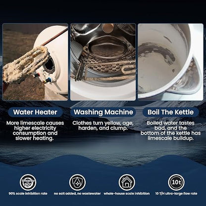 Salt-Free Water Descaler Sysrem – Central Whole-House Water Softener, 3/4" NPT, Polarization System, Prevents Scale Without Salt or Chemicals