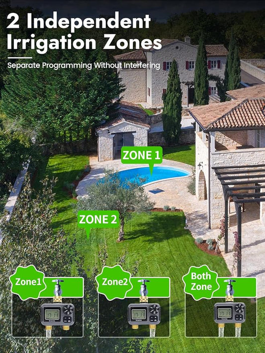 Insoma Water Timer 2 Zone, Programmable Irrigation Sprinkler Timer for Garden Hose, Outdoor Hose Faucet Timers with Rain Delay/Manual/Auto Modes, IPX5 Waterproof for Drip System & Lawn