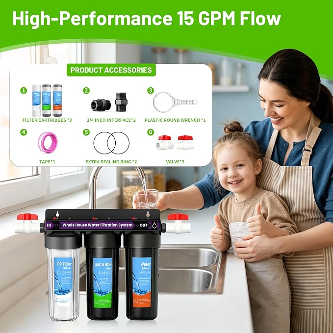 3 Stage Whole House Water Filter System, Water Softener System, Extra 2 Sets of Water Filter Replacement, Reduces Heavy Metal, Chlorine Oder, Taste, 10"x2.5", 3/4" Ports with 2 Valves