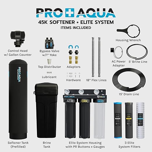 PRO+AQUA PRO-E-S45E Whole House Water Filtration System with 45,000 Grain Water Softener Combo | 3-Stage Filtration | for 4–6 People | Premium Resin | Easy Install Kit
