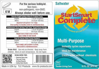 TLC Products StartSmart Complete Saltwater Aquarium Cycle Starter & Beneficial Nitrifiers, Supports Clear Water & Biofiltration, Reduces Excess Sludge, 16 oz. (473 ml)