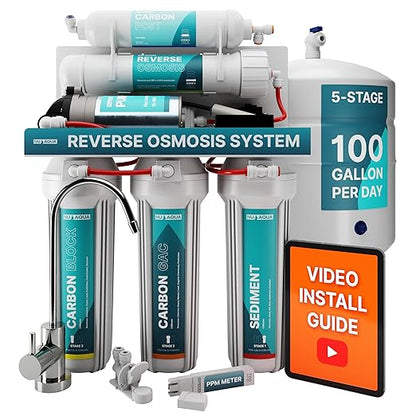 NU Aqua 5-Stage Under Sink Reverse Osmosis Water Filter System - Booster Pump - 100 GPD RO Filtration w/Faucet & Tank - PPM Meter - 100GPD Undersink - Home & Kitchen Drinking Water