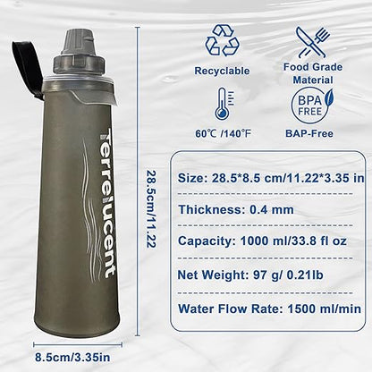 33.8 oz Collapsible Water Bottle with Filter, Squeeze Filtered Water Bottle, BPA-Free, Dual Filtration, Ultralight Water Filter System for Hiking, Camping, Backpacking (Gray, 33.8 OZ)