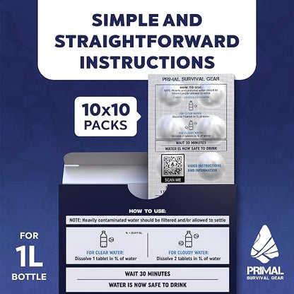 Water Purification Tablets - Water Purifier Tablets for Emergency Water - Hiking, Camping, Survival, Emergency – Drinking Water Filtration System Survival Tabs - Purificador De Agua - 1L - 100 Tablets
