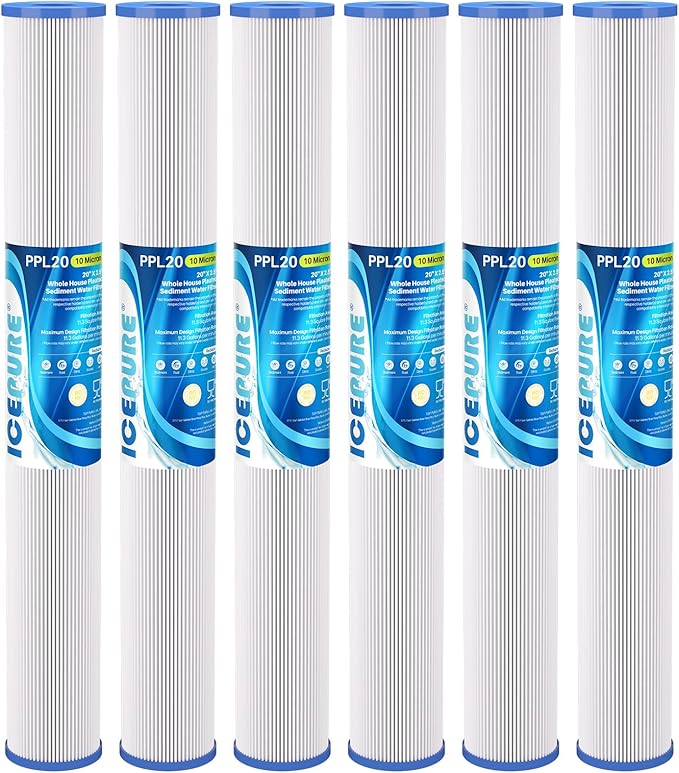 ICEPURE 10 Micron 2.5" x 20" Whole House Pleated Sediment Water Filter Cartridge for Well Water, Replacement for ECP20-20, SPC-25-2020, ECP1-20, ECP5-20, SPC-25-2005, SPC-25-2001, 6PACK
