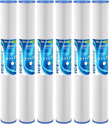 ICEPURE 10 Micron 2.5" x 20" Whole House Pleated Sediment Water Filter Cartridge for Well Water, Replacement for ECP20-20, SPC-25-2020, ECP1-20, ECP5-20, SPC-25-2005, SPC-25-2001, 6PACK