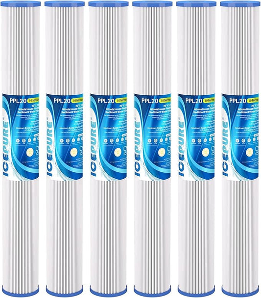 ICEPURE 10 Micron 2.5" x 20" Whole House Pleated Sediment Water Filter Cartridge for Well Water, Replacement for ECP20-20, SPC-25-2020, ECP1-20, ECP5-20, SPC-25-2005, SPC-25-2001, 6PACK