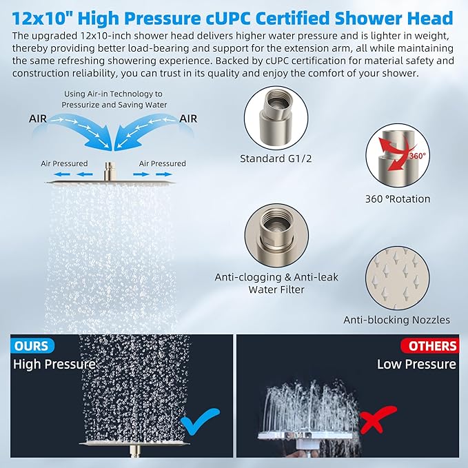 Hibbent All Metal cUPC Certified Rain Shower Head, 12'' High Pressure Rainfall Showerhead with 16" Shower Head Extension Arm, Brass Adjustable Shower Arm Extender, fixed Showerheads, Brushed Nickel