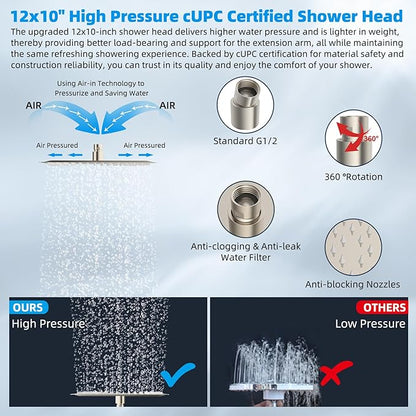 Hibbent All Metal cUPC Certified Rain Shower Head, 12'' High Pressure Rainfall Showerhead with 16" Shower Head Extension Arm, Brass Adjustable Shower Arm Extender, fixed Showerheads, Brushed Nickel