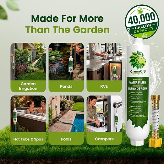 GreenGro Garden Hose Water Filter | KDF + Activated Carbon | Removes Chlorine, Chloramines, Heavy Metals & Sediment | 40,000 Gallon Capacity | Hydroponic, Pond & Garden Use