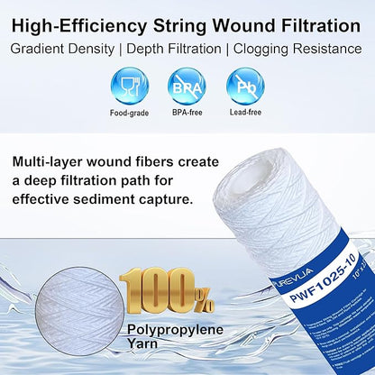 10 Micron 10"x2.5" String Wound Sediment Filter, Whole House Water Filter Cartridge for Well Water, Compatible with CW-F, AO-WH-PRE-R2, WHKF-WHSW, Fits Standard 10" Housings, 6 Pack