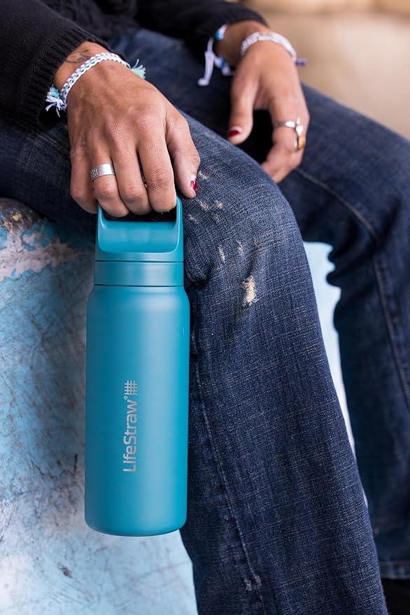 LifeStraw Go Series — Insulated Stainless Steel Water Filter Bottle for Travel and Everyday Use Removes Bacteria, Parasites and Microplastics, Improves Taste, 24oz Nordic Noir
