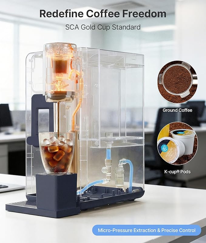 3-in-1 Water Dispenser with Ice Maker - Hot/Cold/Warm Water, Adjustable Water Volume, Countertop, Compact Coffee Brewer for Home & Office, Deep Navy