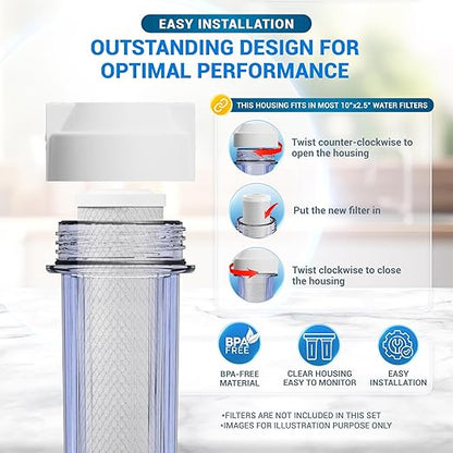 Max Water 10" 2 Stage Whole House Standard Home Water Filter System 3/4" Inlet Clear Filter Housing Variation, Supports 10" x 2.5" Water Filters (Clear, NO Filters)