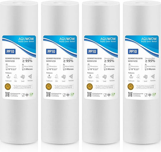 PP10 5 Micron 2.5" x 10" Filter Set – Sediment Replacement Cartridges for Whole House Water Filtration Systems, Universal Standard PP Filters (4, 10 x 2.5)