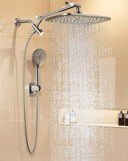 Veken 11.8" Brushed Nickel Rain Shower Head with Handheld, High Pressure Handheld Shower Heads with Multi Spray Modes,Rainfall Combo with 15" Metal Extension Arm,Detachable Dual Shower,Regaderas Para