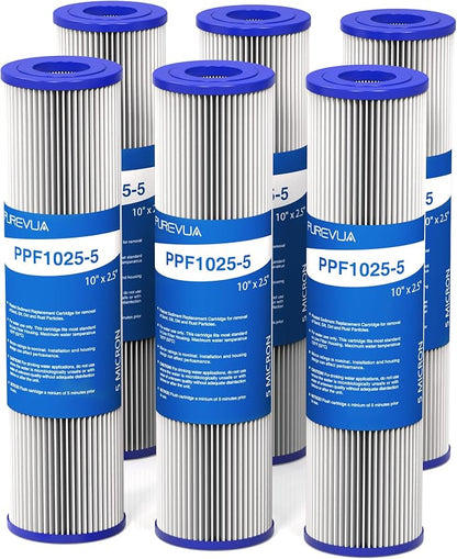 6-Pack 5 Micron Pleated Water Filter Cartridge, 10" x 2.5" Washable & Reusable PET Sediment Filter for Well Water & Whole House Pre-Filter, Compatible with WFPFC3002, WHKF-WHPL, AO-WH-PRE-RP2