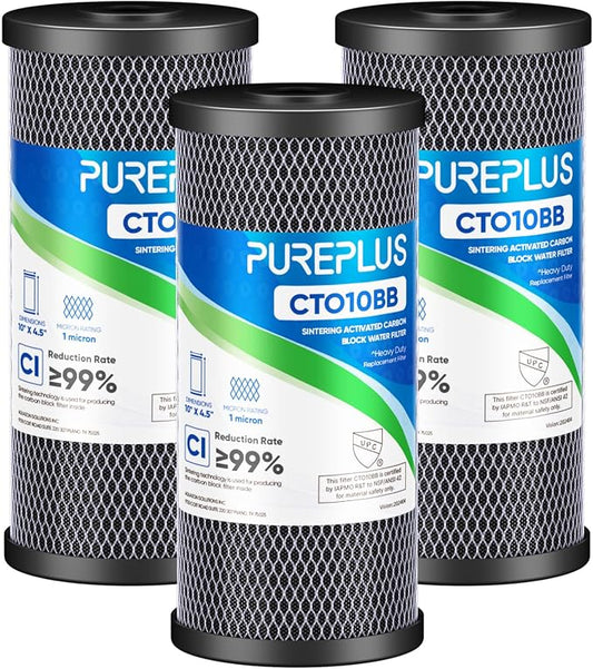 PUREPLUS 1 Micron Coconut Shell Water Filter Cartridge | Activated Carbon Block CTO | Universal Whole House 10 inch Cartridge | Compatible with WFHDC8001, CB-BB-10, EPM, EP-BB, 3Pack