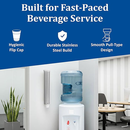 San Jamar Small Pull-Type Cup Dispenser Fits 3-4.5 Oz Cone Cups, 3-5 Oz Flat Cups with Flip Caps for Restaurants, Dining Halls, and Fast Food, Stainless Steel, 16 Inches, Silver