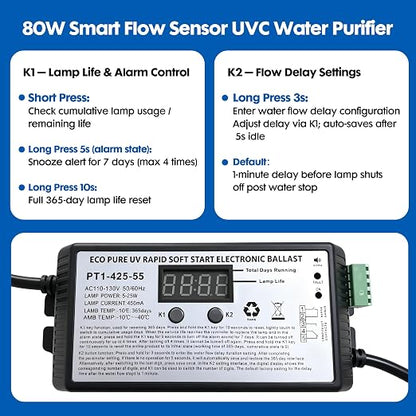 Whole House UV Water Filter System 80W 120V, 12GPM High Flow Whole Home Water Purifier with 1” MNPT Ports Equipped with Intelligent Water Flow Switch | UV water treatment system for city & well supply; Smart flow sensor enables fully auto-runs and exte...