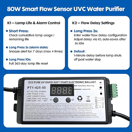 Whole House UV Water Filter System 80W 120V, 12GPM High Flow Whole Home Water Purifier with 3/4” MNPT Ports Equipped with Intelligent Water Flow Switch | UV water treatment system for city & well supply; Smart flow sensor enables fully auto-runs and ex...