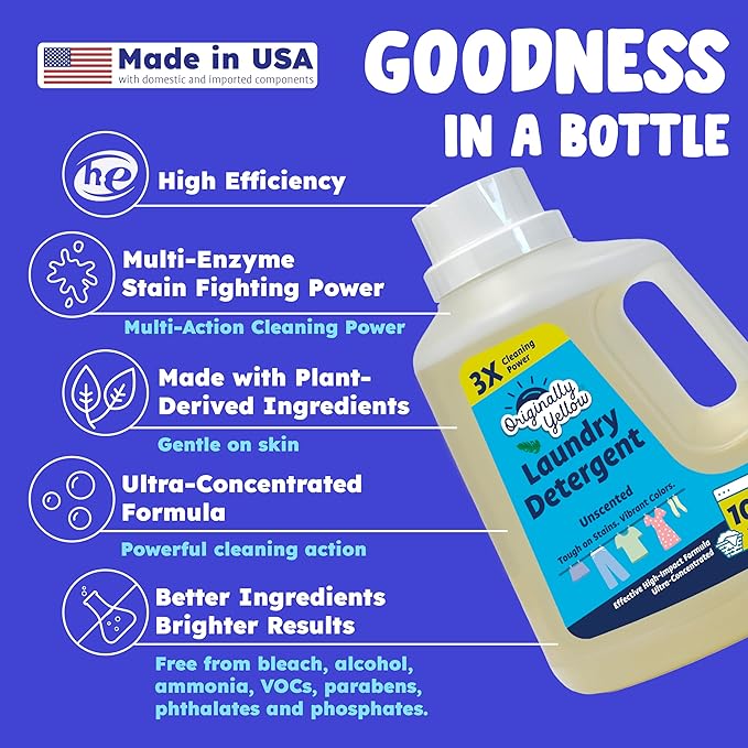 Originally Yellow Natural Unscented Laundry Detergent | Made In USA Natural Laundry Detergent | Stain Removing & Gentle on Sensitive Skin | High-Efficiency for Clean Laundry | up to 100 Loads