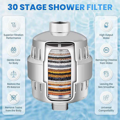 30 Stage Shower Filter, Shower Filter for Hard Water - High Output Shower Water Filter to Remove Chlorine Fluoride Heavy Metals, Improves the Condition of Your Skin, Hair and Nails