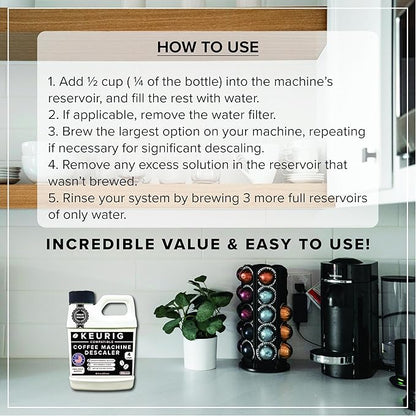 Tillbrook Coffee Machine Descaler - 1 YEAR SUPPLY Concentrated Descaler for Keurig - 16oz Coffee Maker Cleaner for Breville, Nespresso, Delonghi, Espresso Machine - 4 Uses - Safe, Natural, Effective