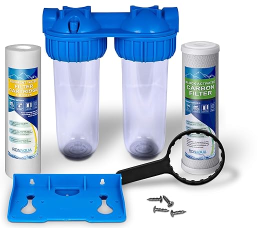 Dual Whole House Water Filter System, Transparent Standard Housings, Presser Relief Button, 3/4” Inlet/Outlet Brass Port, Meets NSF Standards & Regulations (Carbon Block and Sediment Filters)