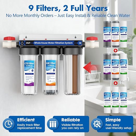Whole House Water Filter Replacement Cartridges 9-Pack, 10"x2.5" 3-Stage Whole Home Water Filter(Sediment+GAC+CTO Filter), 0.5 Micron Reduces Chlorine,Taste, Sediment for Cleaner Water, 2-Year Supply