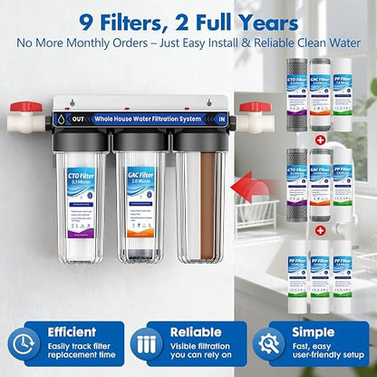 Whole House Water Filter Replacement Cartridges 9-Pack, 10"x2.5" 3-Stage Whole Home Water Filter(Sediment+GAC+CTO Filter), 0.5 Micron Reduces Chlorine,Taste, Sediment for Cleaner Water, 2-Year Supply